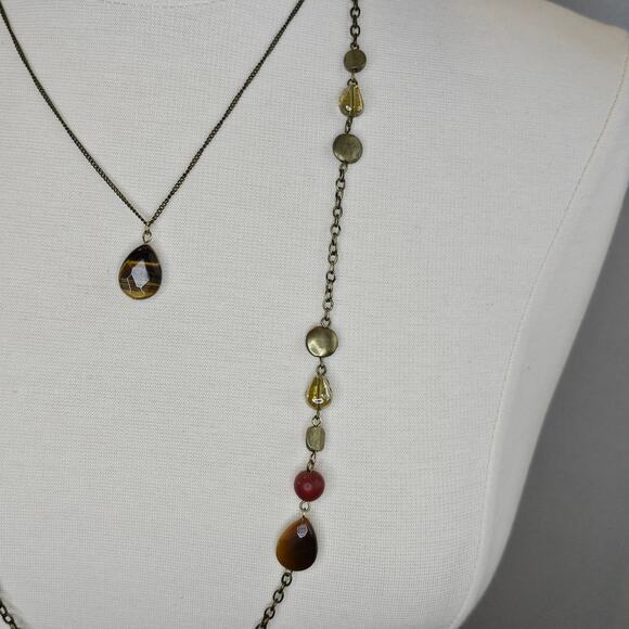 Layered Necklace Natural Stone Pendant Antiqued Goldtone Christopher & Banks - Picture 5 of 9